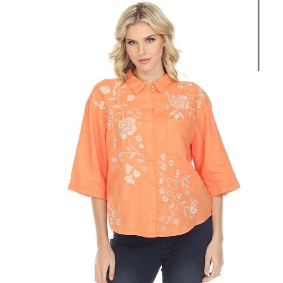 Johnny Was Lael Boxy Linen Embroidered Shirt - Picture 1 of 13